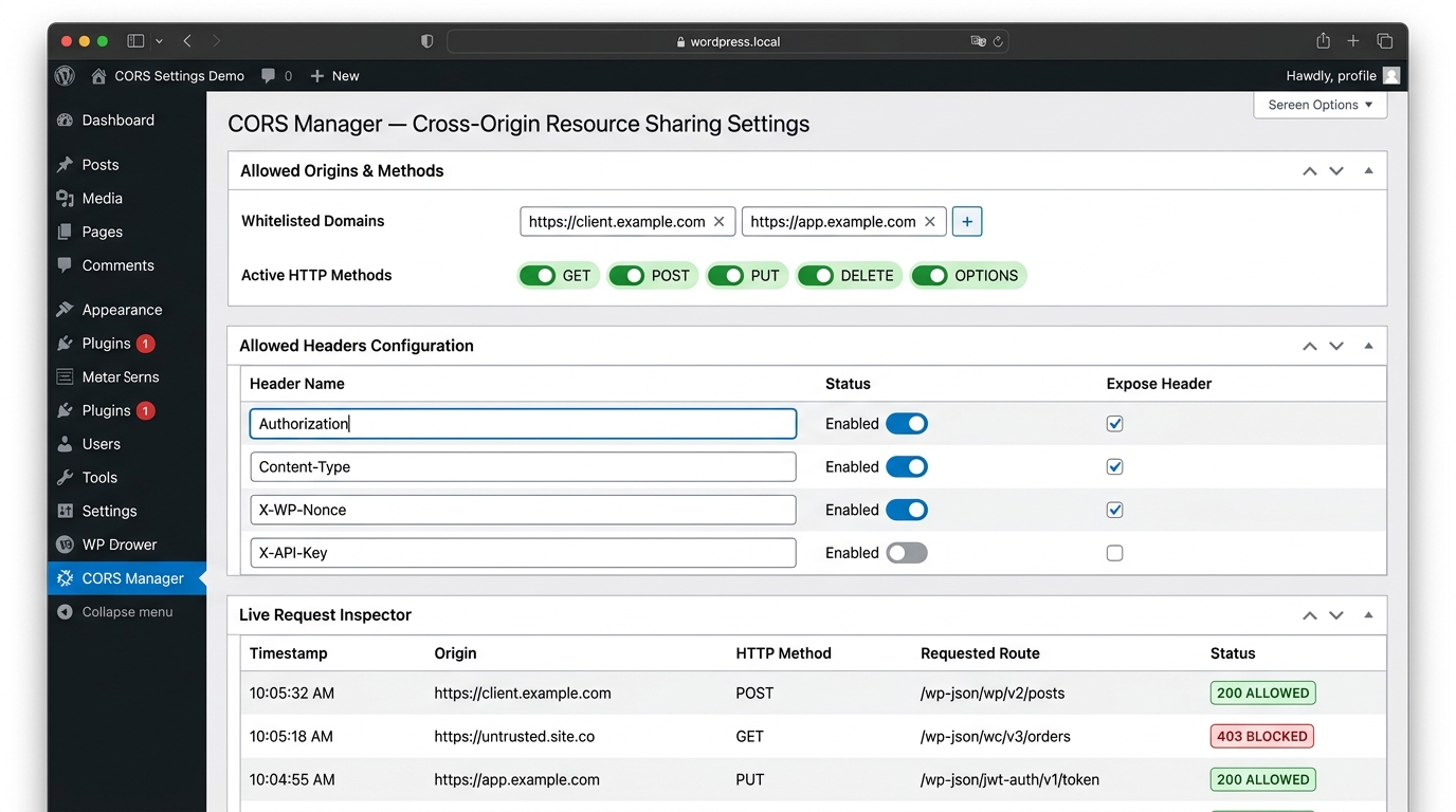 Full screenshot of Cross-Origin Resource Sharing (CORS) Plugin interface
