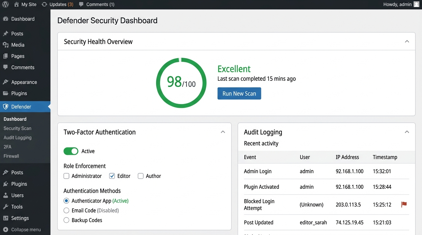 Full screenshot of Defender — WordPress Security Plugin interface